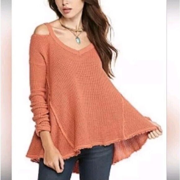 Free People Orange Moonshine V-neck Waffle Pullover. Size Medium - Picture 1 of 8